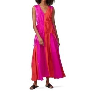 AMUR Women's Orange Pink Colorblock 100% Silk Lotta Ruched Maxi Dress Size 6